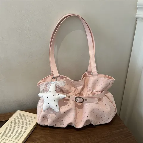 Damen Retro Sternendruck Schultertasche Schicke Plissee Hobo Unterarmtasche Mit Schnalle Sternanhänger PU-Leder Casual Tote Bag