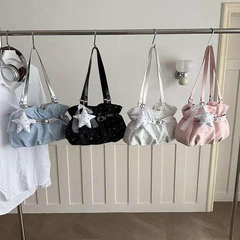 Damen Retro Sternendruck Schultertasche Schicke Plissee Hobo Unterarmtasche Mit Schnalle Sternanhänger PU-Leder Casual Tote Bag