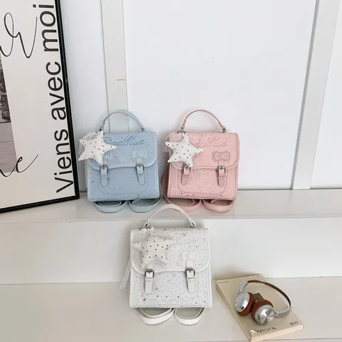 Women Star Print Mini Backpack Cambridge Satchel Bag PU Leather Fashion Star Pendant Bow Backpacks Travel Student Handbag