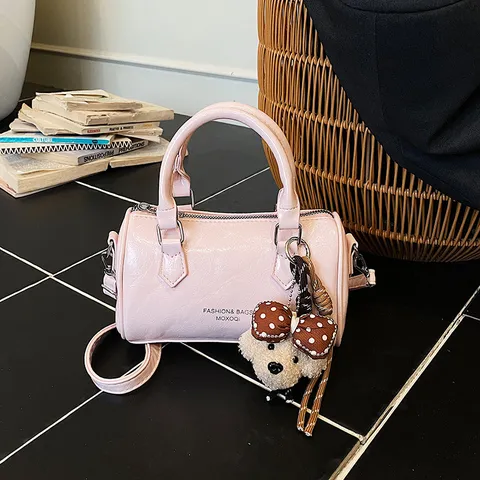 Elegant Women Boston Pillow Handbag PU Leather Top Handle Shoulder Crossbody Bag Trendy Commuter Versatile Handbag With Pendant