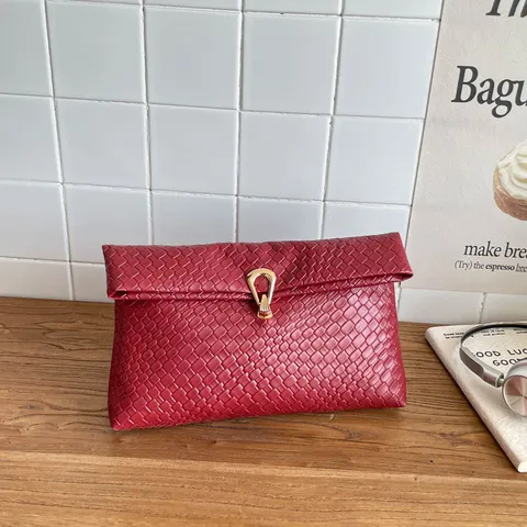 Womens Fashion Woven Clutch Bag PU Leather Metal Lock Minimalist Underarm Shoulder Bag Chic Casual Daily Storage Handbag