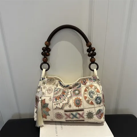 Vintage Bestickte Einkaufstasche Für Damen Schicke Canvas Umhängetasche Mit Holzperlen Quaste Elegante Unterarm Handtasche