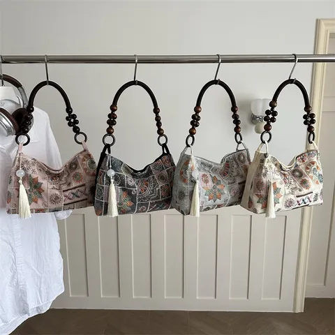 Vintage Bestickte Einkaufstasche Für Damen Schicke Canvas Umhängetasche Mit Holzperlen Quaste Elegante Unterarm Handtasche