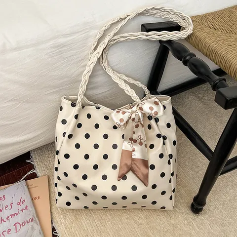 Damen Große Kapazität Polka Dot Tragetasche Oxford Stoff Schultertasche Mit Geflochtenem Gurt Und Satinschal Süße Koreanische Handtasche