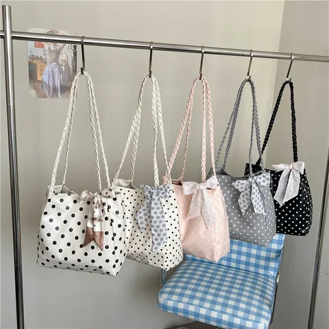 Damen Große Kapazität Polka Dot Tragetasche Oxford Stoff Schultertasche Mit Geflochtenem Gurt Und Satinschal Süße Koreanische Handtasche
