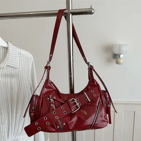 Damen Achseltasche PU Leder Motorrad Schultertasche Retro Punk Y2K Niete Gürtelschnalle Geldbörse Mode Nische Handtasche