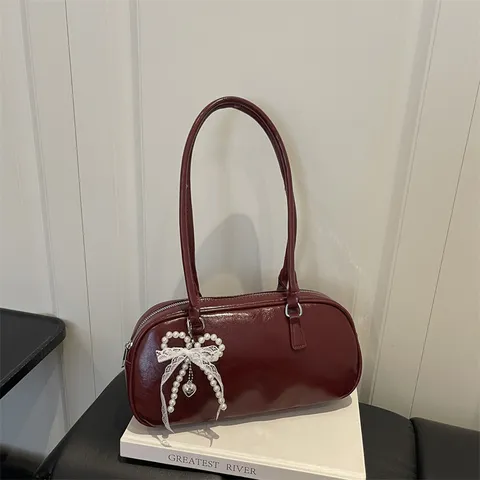 Women Retro PU Leather Boston Shoulder Bag Vintage Oil Wax Finish Underarm Baguette Bag With Pearl Lace Bow Pendant Handbag