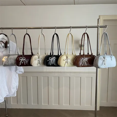Women Retro PU Leather Boston Shoulder Bag Vintage Oil Wax Finish Underarm Baguette Bag With Pearl Lace Bow Pendant Handbag