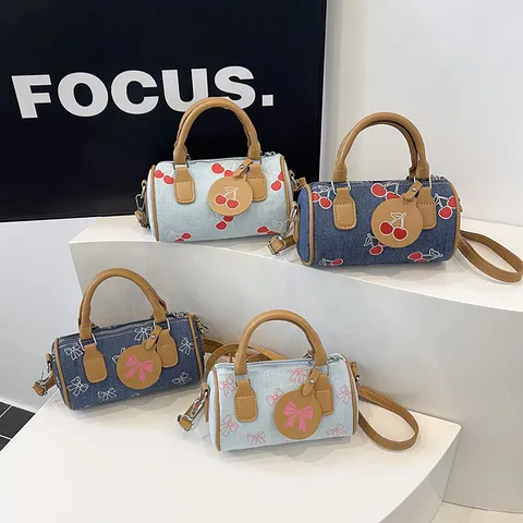 Trendy Denim Pillow Bag Women Cherry Bowknot Print Casual Shoulder Crossbody Bag Fashion Boston Handbag Cylinder Satchel Summer Style