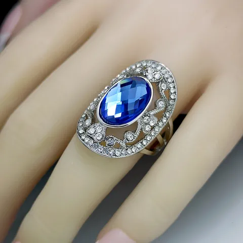 Westerse Vintage Hol Gesneden Blauw Kristal Strass Ring Voor Vrouwen Overdreven Geometrische Legering Sieraden Ring Feest Cadeau