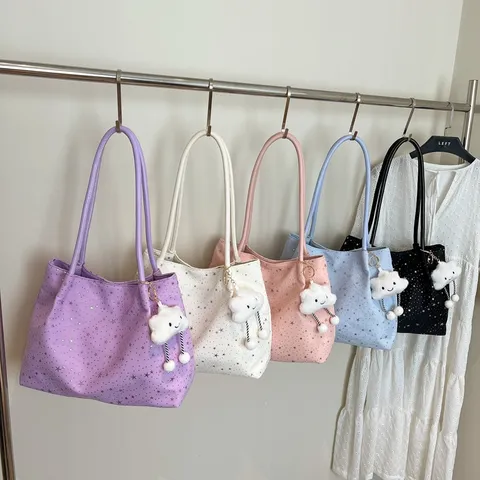 Sac Cabas en Toile pour Femmes Grande Capacité Sac à Main d'Épaule Motif Étoile Sac Casual avec Pendentif