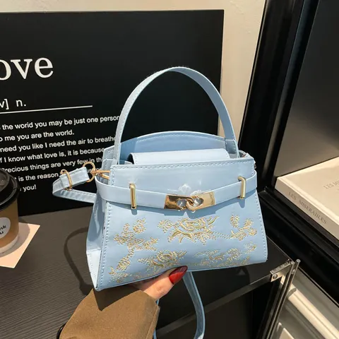 Womens PU Leather Top Handle Crossbody Bag Fashion Floral Embroidered Designer Style Satchel Handbag Wedding Purse
