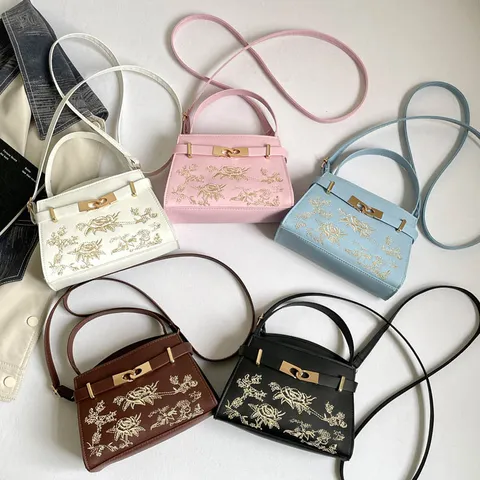 Womens PU Leather Top Handle Crossbody Bag Fashion Floral Embroidered Designer Style Satchel Handbag Wedding Purse