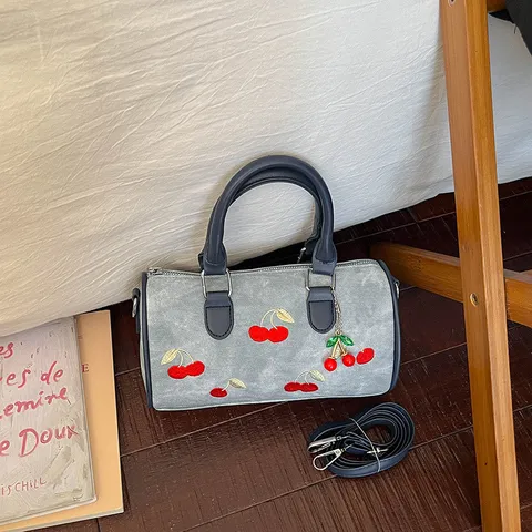 Women Denim Boston Bag Cherry Embroidery PU Leather Top Handle Crossbody Shoulder Commuter Handbag
