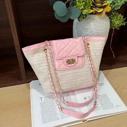 Grand Sac Bandoulière Tissé en Paille pour Femmes Sac Seau Commuter Rabat Matelassé Sac à Main