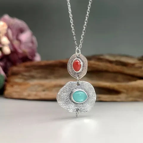 Collier Pendentif Calcédoine Menthe Corail Artificiel Bohême Alliage de Zinc Argent Antique Rétro Bijoux Double Couche