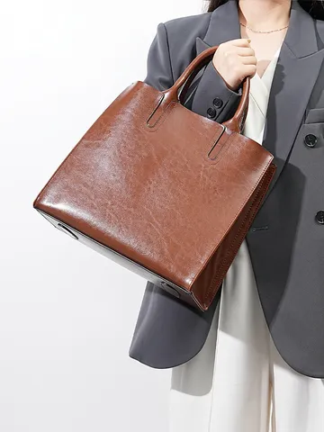 Femmes Cuir Véritable Cabas Décontracté Grande Capacité Sac à Bandoulière Vintage Doux Cuir de Vache Poignée Supérieure Sac à Main