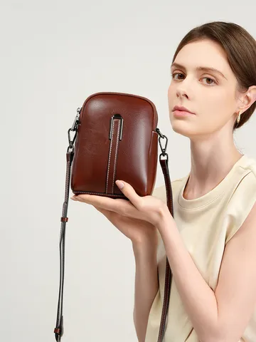 Sac Bandoulière pour Femme en Cuir Véritable Cuir de Vachette Ciré Petit Sac Messager Mode Casual Sac Téléphone Épaule