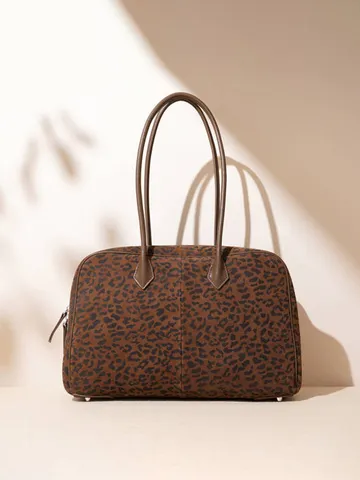 Damen Große Kapazität Bowling Umhängetasche Mode Leopardenmuster Wildleder Henkeltasche Herbst Winter Retro Shopper