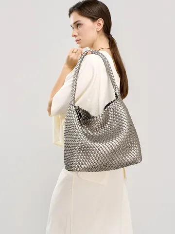 Femmes Sac Cabas Tissé Grande Capacité Sac Seau en Cuir PU Sac à Main Sac Bandoulière Décontracté Pour Voyage Plage Quotidien