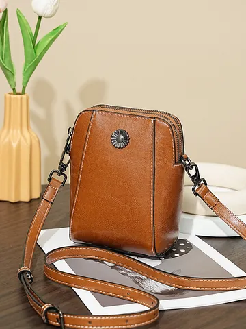 Sac Bandoulière Vintage en Cuir Véritable Ciré pour Femmes Petit Sac à Main Décontracté pour Téléphone Rétro Quotidien