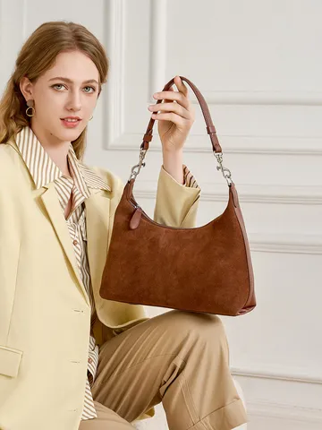Sac Underarm en Cuir Véritable pour Femmes Vintage Rétro Daim Sac à Main d'Épaule Sac Cabas Décontracté pour Trajet