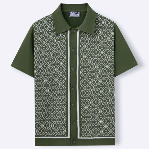 Herren Vintage Geometrisches Jacquard Strick Polo Hemd Kurzarm Knopfleiste Cardigan Lässiges Viskose Strick Oberteil Sommer Mode Herren Bekleidung