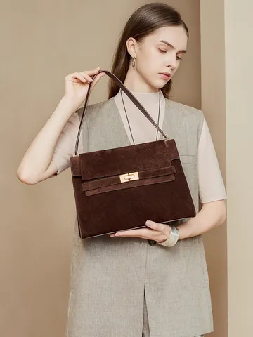 Damen Retro Wildleder Umhängetasche Große Kapazität Shopper Pendler Umhängetasche Klassischer Drehverschluss Mode Handtasche