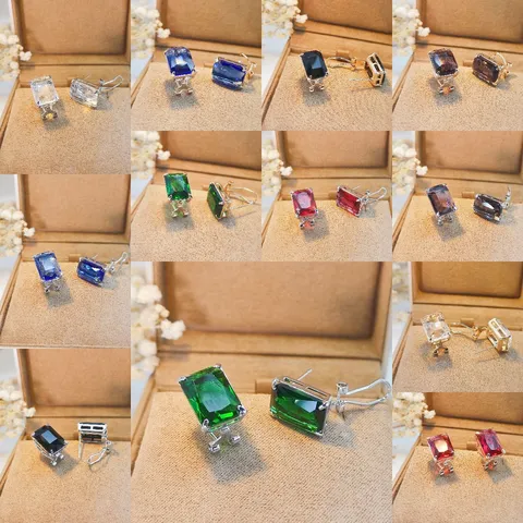 Orecchini a Bottone Geometrici con Gemma Quadrata Moda Lusso Leggero in Rame e Strass per Donna Regalo Gioielli