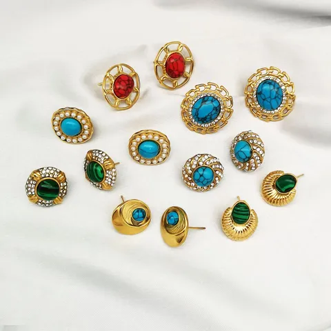 Orecchini a Bottone Rotondi in Acciaio Inossidabile Vintage per Donna Retro Pietra Naturale Turchese Strass Perla Artificiale