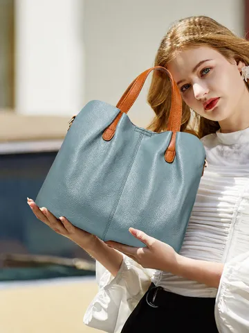 Sac Cabas en Cuir Véritable pour Femme Sac Bandoulière Trajet Bicolore Grande Capacité Sac à Main Décontracté Cuir de Vachette