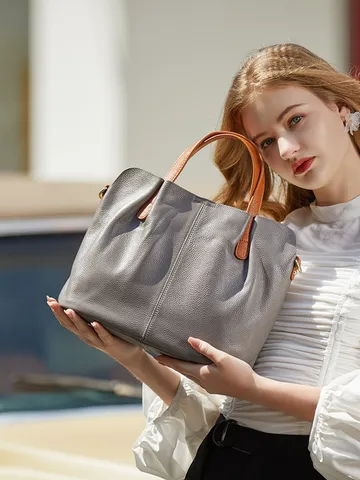Sac Cabas en Cuir Véritable pour Femme Sac Bandoulière Trajet Bicolore Grande Capacité Sac à Main Décontracté Cuir de Vachette
