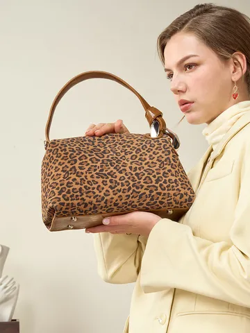 Sac Bandoulière en Cuir Véritable pour Femmes Rétro Imprimé Léopard Cabas Grande Capacité Sac à Main Décontracté
