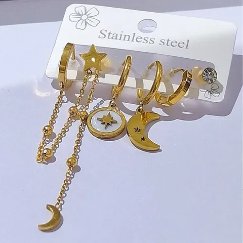 Set di Orecchini a Stella e Luna in Acciaio Inossidabile Moda Occidentale per Donna Orecchini a Cerchio con Ciondolo in Strass Placcati Oro Gioielli Regalo