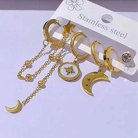 Set di Orecchini a Stella e Luna in Acciaio Inossidabile Moda Occidentale per Donna Orecchini a Cerchio con Ciondolo in Strass Placcati Oro Gioielli Regalo