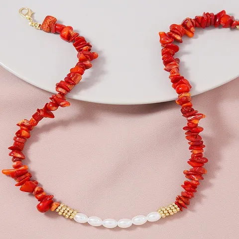 Collana Artigianale in Pietra Naturale Irregolare e Perle Artificiali Stile Spiaggia Estiva Choker da Donna Gioielli