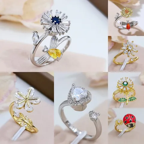 Anello Girevole in Rame con Cuore e Fiore per Donna Zirconia Micro-Intarsiata Ape Coccinella Girasole Anello Aperto Regolabile Gioielli di Moda