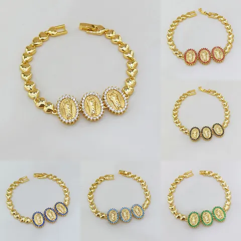 Jungfrau Maria Herz Armband Vergoldetes Metall Bunter Zirkonia Religiöser Schmuck Übertriebenes Party Armband Für Damen Herren