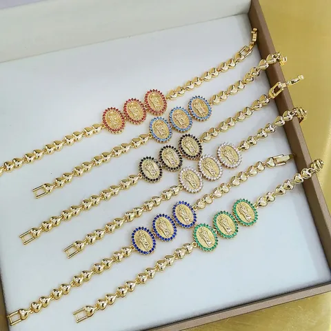 Jungfrau Maria Herz Armband Vergoldetes Metall Bunter Zirkonia Religiöser Schmuck Übertriebenes Party Armband Für Damen Herren
