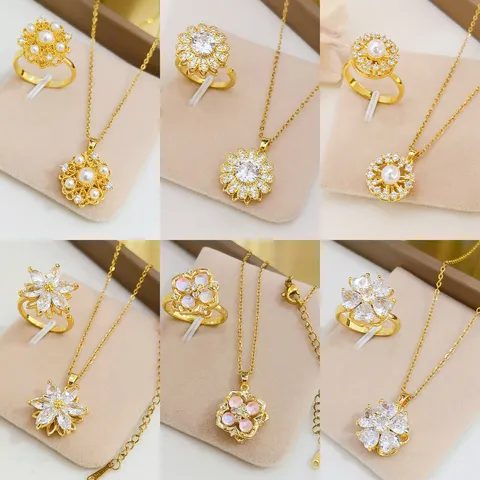 Lussuoso Set di Gioielli con Fiori in Zirconia di Rame per Donna Collana con Ciondolo Floreale Rotante Galvanizzato Anello Aperto Accessorio Moda per Banchetti