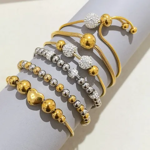 Bracciale di Perline in Acciaio Inossidabile con Zirconia Pavè per Donna Stile Ins Catena a Serpente Regolabile Ciondolo a Cuore Gioielli in Oro Argento