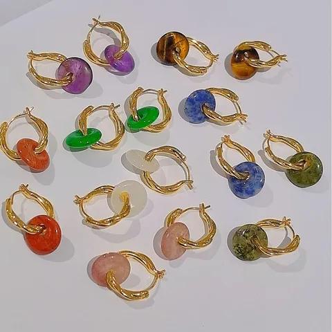 Orecchini a Cerchio in Pietra Naturale in Rame Attorcigliato Placcato Oro Pendenti Rotondi Gioielli Donna Trendy