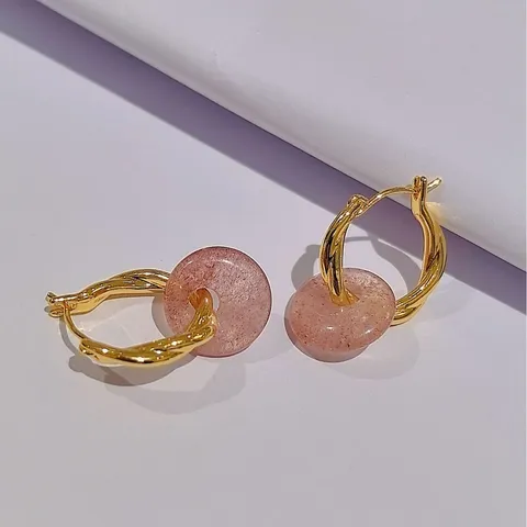 Orecchini a Cerchio in Pietra Naturale in Rame Attorcigliato Placcato Oro Pendenti Rotondi Gioielli Donna Trendy