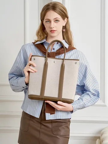 Sac Cabas en Véritable Cuir et Toile pour Femmes Grand Sac à Main Casual Sac à Bandoulière avec Poignée Supérieure Sac Minimaliste Urbain