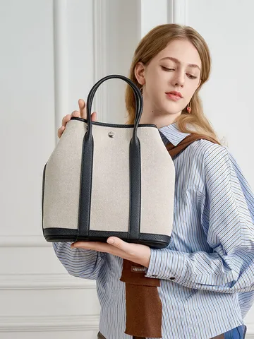 Sac Cabas en Véritable Cuir et Toile pour Femmes Grand Sac à Main Casual Sac à Bandoulière avec Poignée Supérieure Sac Minimaliste Urbain