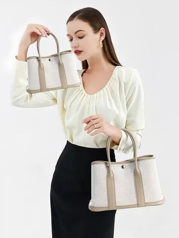 Sac Cabas en Toile pour Femmes Premier Écu Cuir de Vachette Patchwork Décontracté Grande Capacité Sac à Main de Transport Bandoulière
