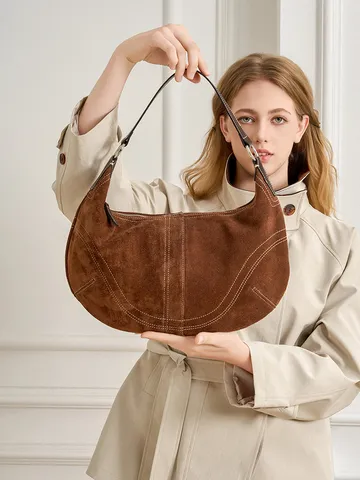 Femme Cuir Véritable Hobo Sac Ravioli Rétro Navettage Demi-Lune Sac Bandoulière Première Couche Cuir de Vachette Daim Sac à Main