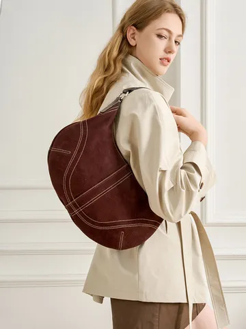 Femme Cuir Véritable Hobo Sac Ravioli Rétro Navettage Demi-Lune Sac Bandoulière Première Couche Cuir de Vachette Daim Sac à Main