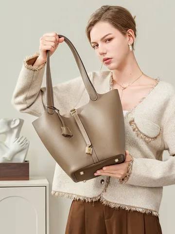 Sac Seau en Cuir Véritable pour Femmes Rétro Cuir de Vachette Grande Capacité Sac à Bandoulière Sac à Main