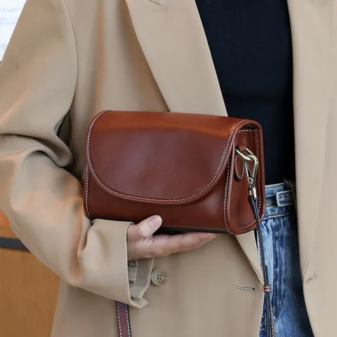 Sac Bandoulière Femme en Cuir Véritable Vintage Cuir de Vachette Sac Croisé Mode Polyvalent Sac à Main Retro